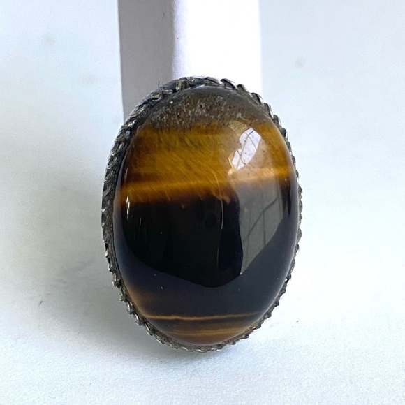Vintage Tigers Eye Sterling Silver Ring Cocktail Oval Cabachon Stone Size 6 - Picture 3 of 13